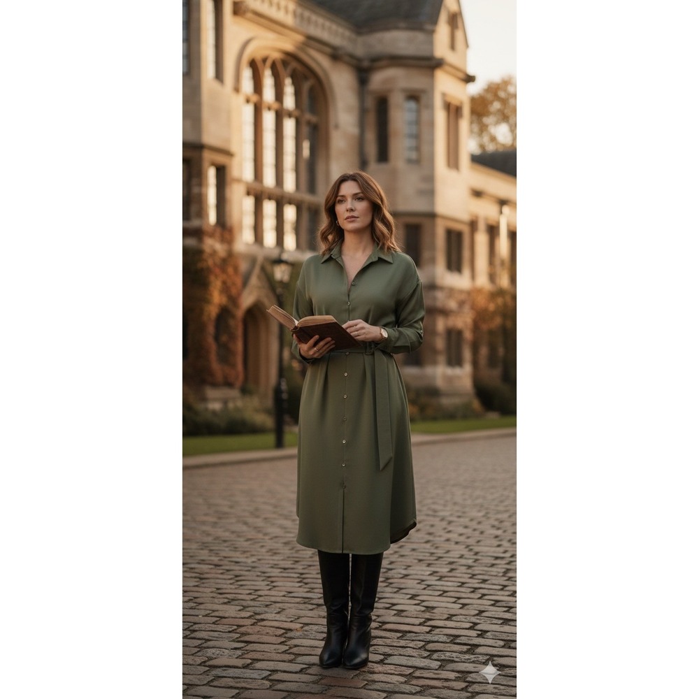 NWT French Connection Olive Green Shirt Dress Medium M Midi Belted Satin Career